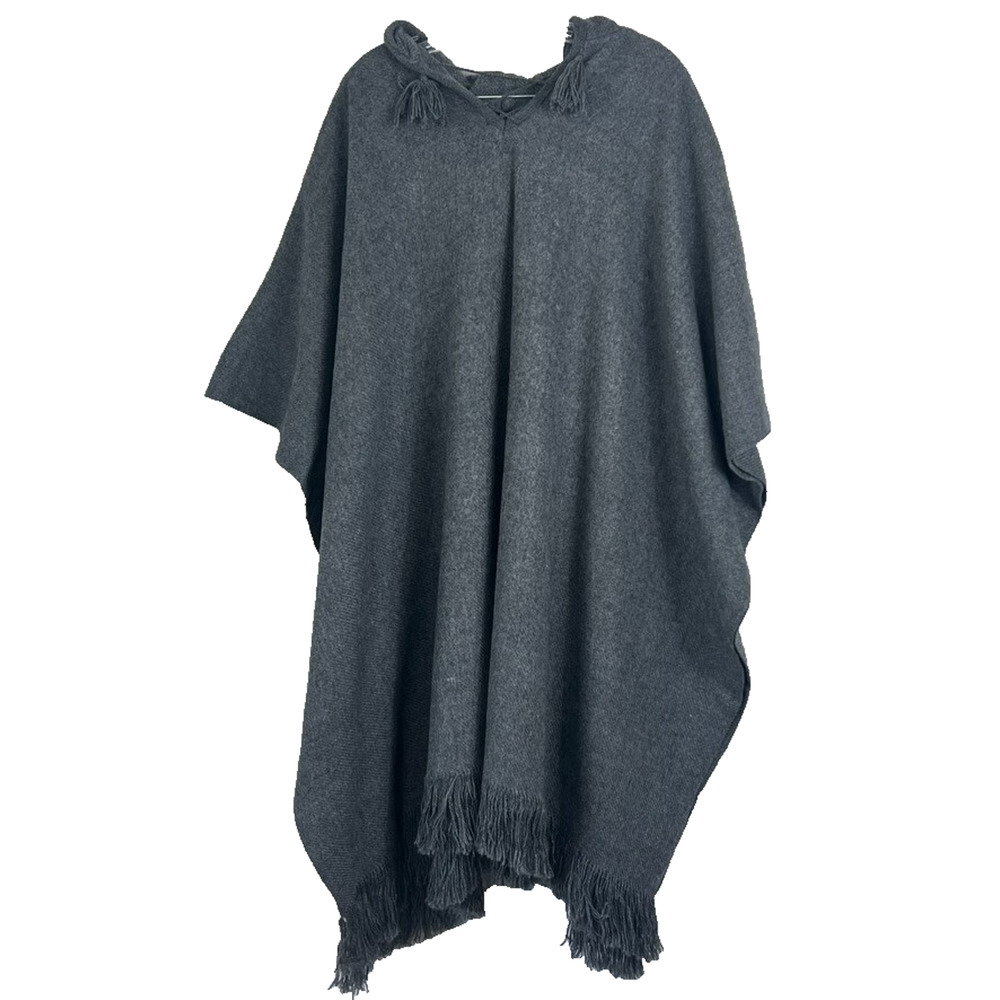 Gamboa Poncho Unisex Hooded  Alpaca Wool Grey Fringed  Made In Peru